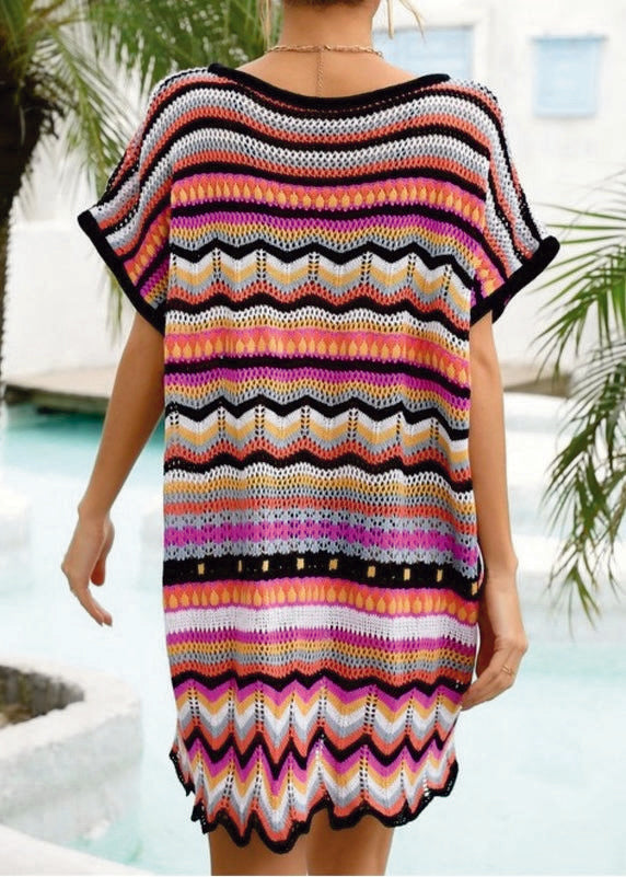 Chic Black Crochet Color Block Coverup