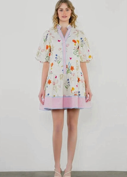 Elegant Puff Sleeve Striped Trim Floral Dress