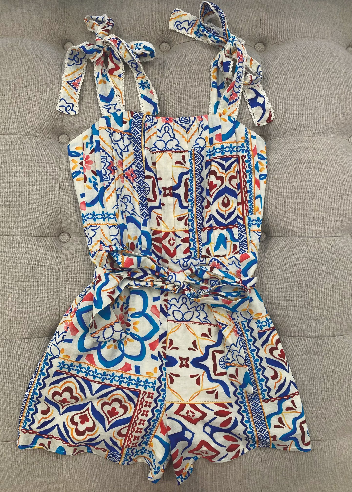 Stylish Multi-Print Romper with Adjustable Shoulder Ties