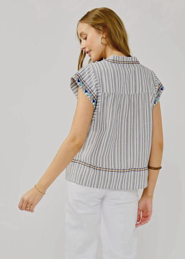Embroidered Cap Sleeve Striped Blouse