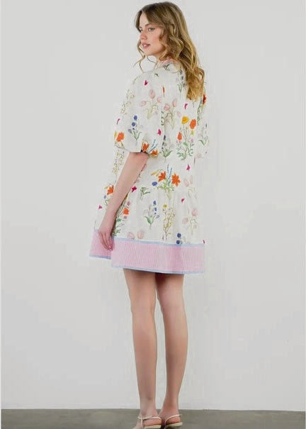 Elegant Puff Sleeve Striped Trim Floral Dress