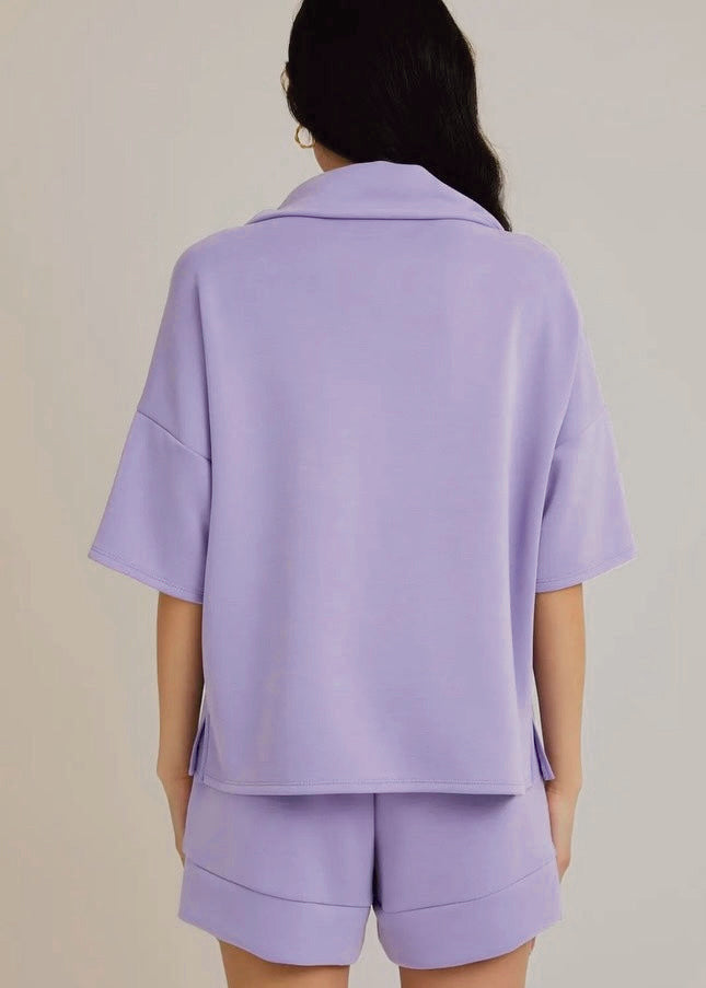 Stylish Half-Zip Top with Folded Hem Shorts