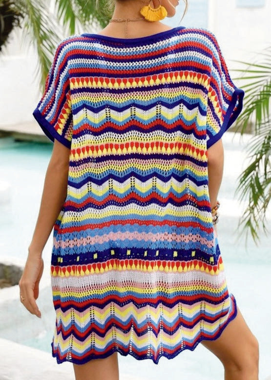 Chic Blue Crochet Color Block Coverup