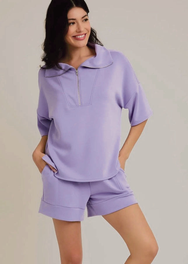 Stylish Half-Zip Top with Folded Hem Shorts