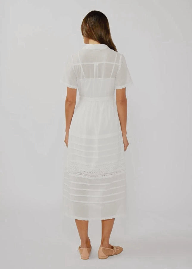 Elegant Lace-Trimmed Button-Down Cotton Midi Shirt Dress