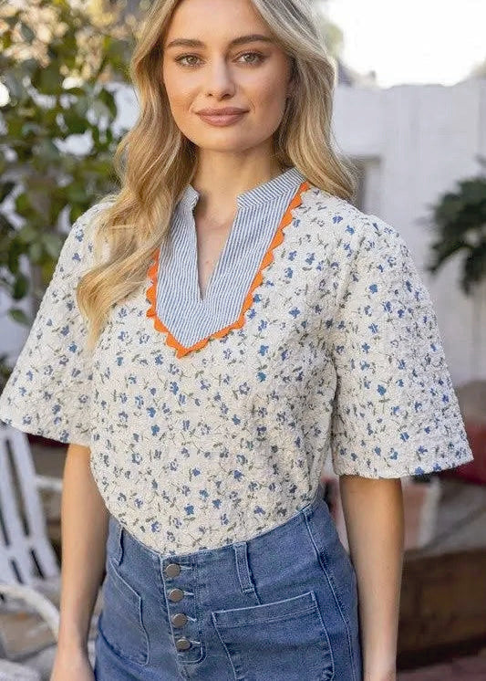 Stylish Floral Embroidered Striped Top
