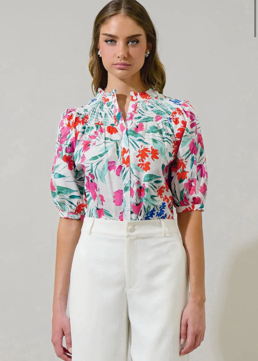 Kivia Blossom Smocked Mock Neck Top