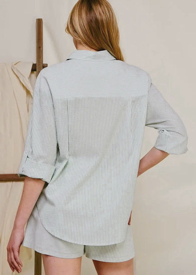 Stylish Twine-Stripe Cotton Blend Button-Up