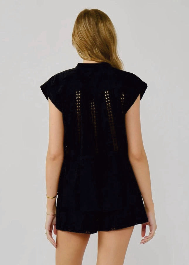 Stylish Black Floral Eyelet Mandarin Collar Camp Shirt