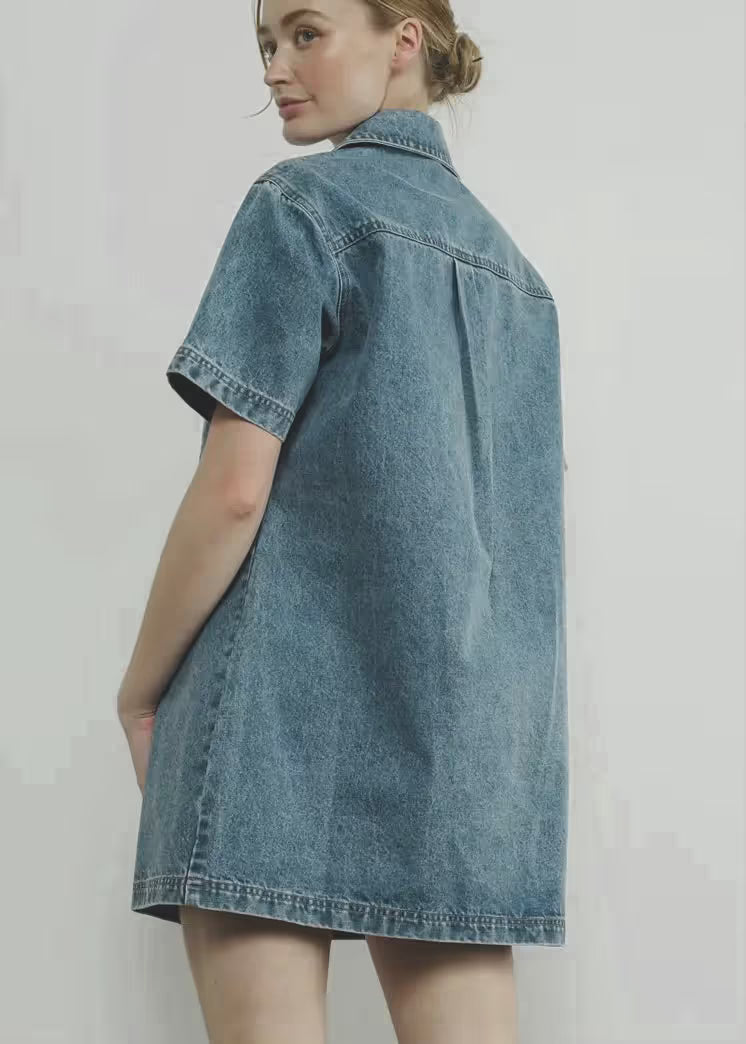 Stylish Denim Pull-On Collar Mini Dress