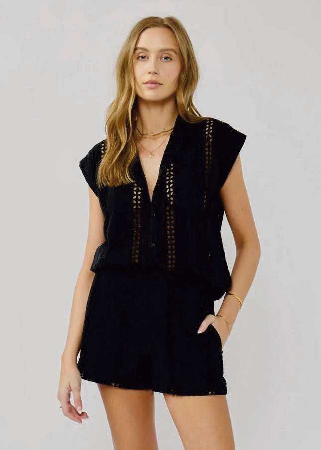 Stylish Black Floral Eyelet Mandarin Collar Camp Shirt