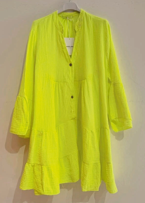 Bold Neon Yellow Cotton Gauze Mini Dress