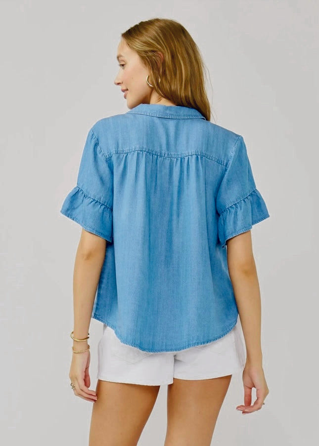 Stylish Tencel Ruffle Sleeve Button-Down Top