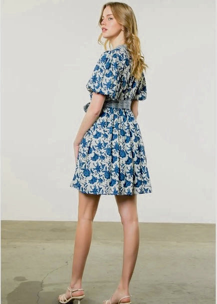 Puff-Sleeved Belted Floral Dress