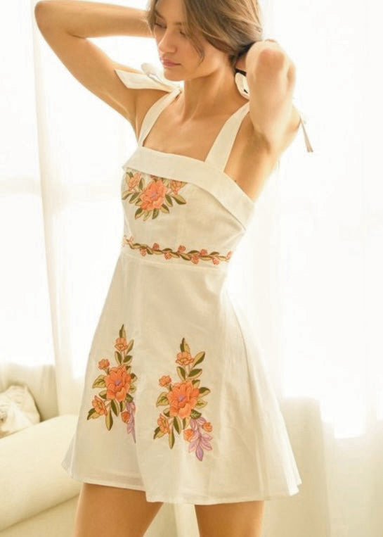 Floral Embroidered Tie-Shoulder Mini Dress