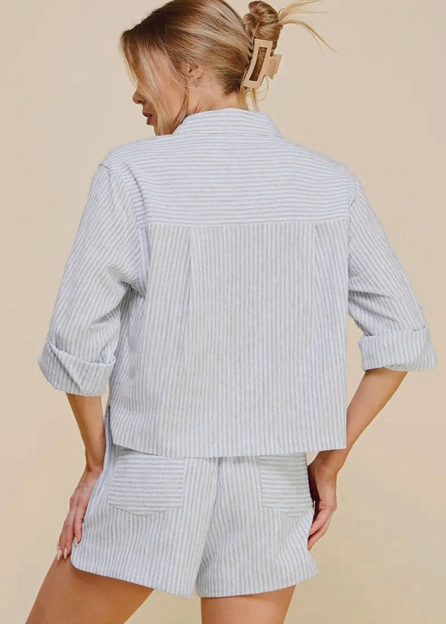 Stylish Cropped Linen Striped Long Sleeve Shirt