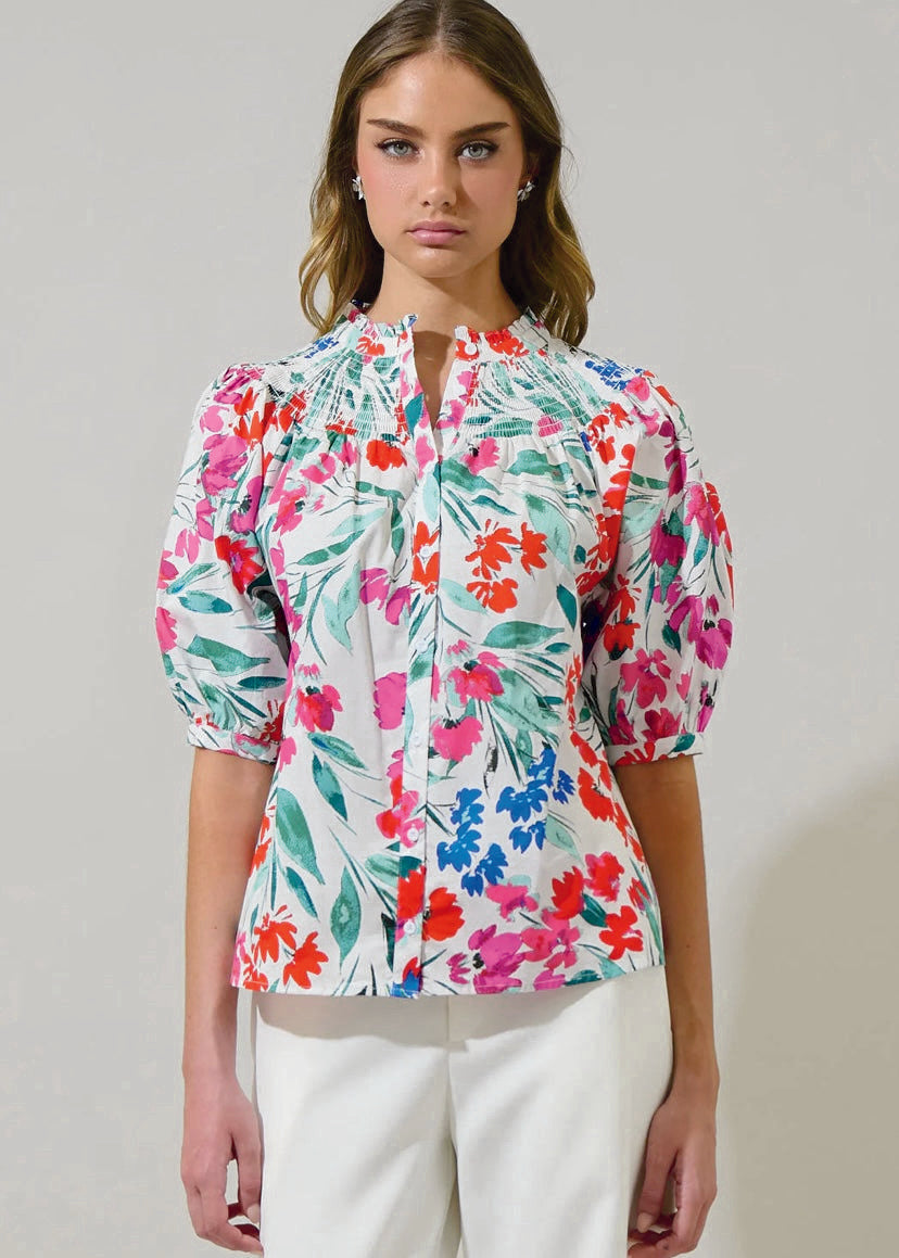 Kivia Blossom Smocked Mock Neck Top