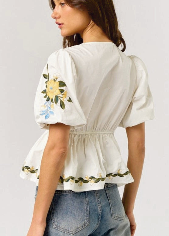 Stylish Short Puff Sleeve Embroidered Button-Down Top