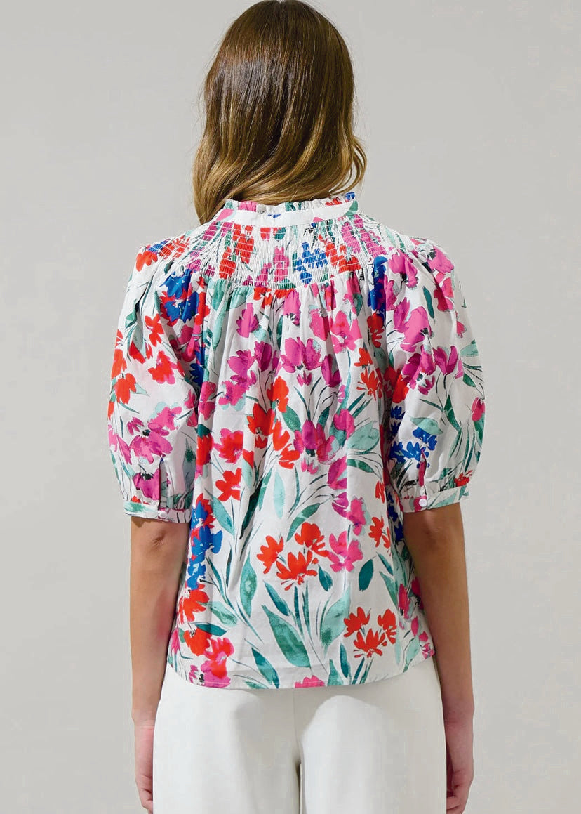 Kivia Blossom Smocked Mock Neck Top