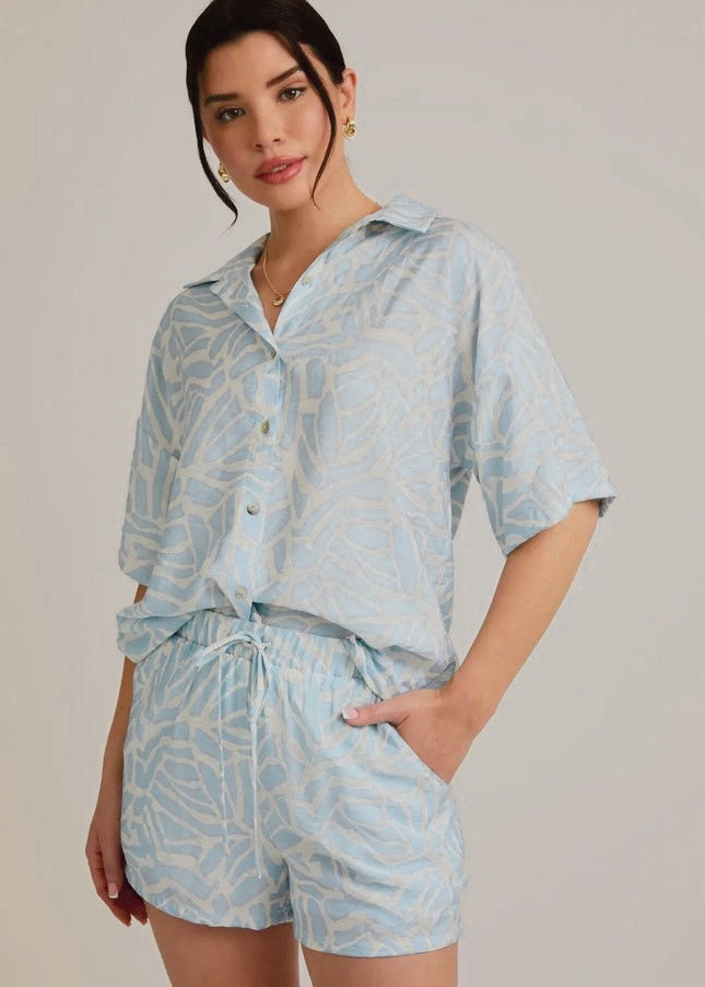 Stylish Button-Down Shirt and Comfortable Elastic Waist Tie Shorts