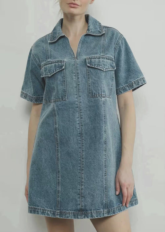 Stylish Denim Pull-On Collar Mini Dress