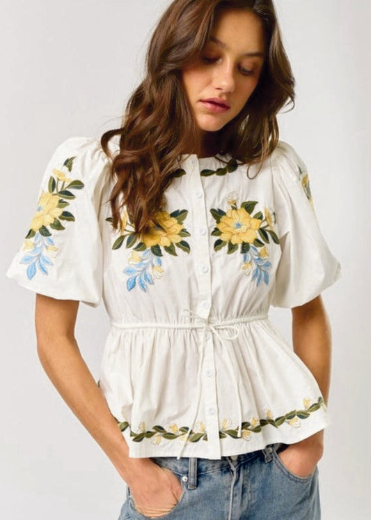 Stylish Short Puff Sleeve Embroidered Button-Down Top