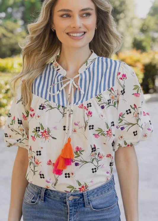 Chic Floral & Stripe Tassel Top