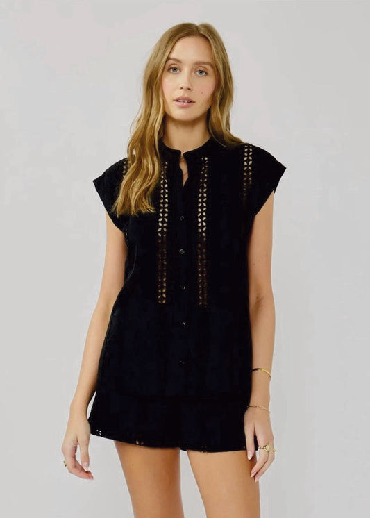 Stylish Black Floral Eyelet Mandarin Collar Camp Shirt