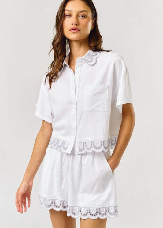 Chic Embroidered Button-Down Top & Shorts Set