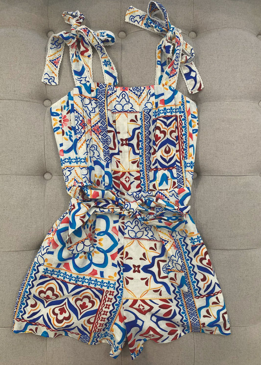 Stylish Multi-Print Romper with Adjustable Shoulder Ties