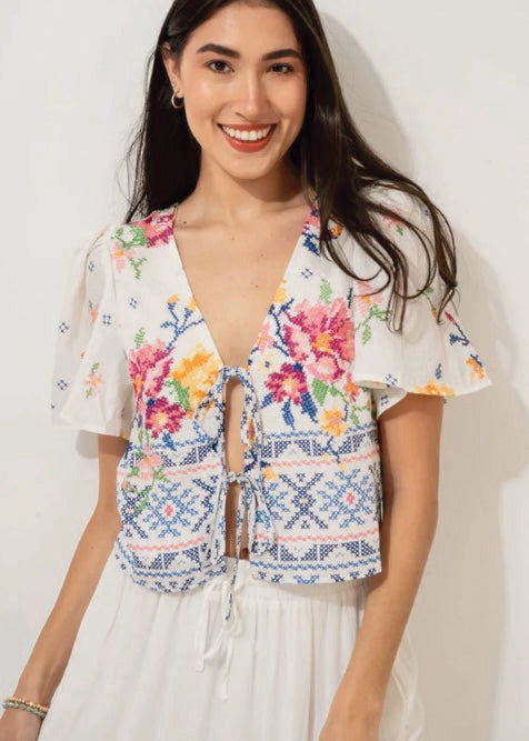Chic Floral Front-Tie Top