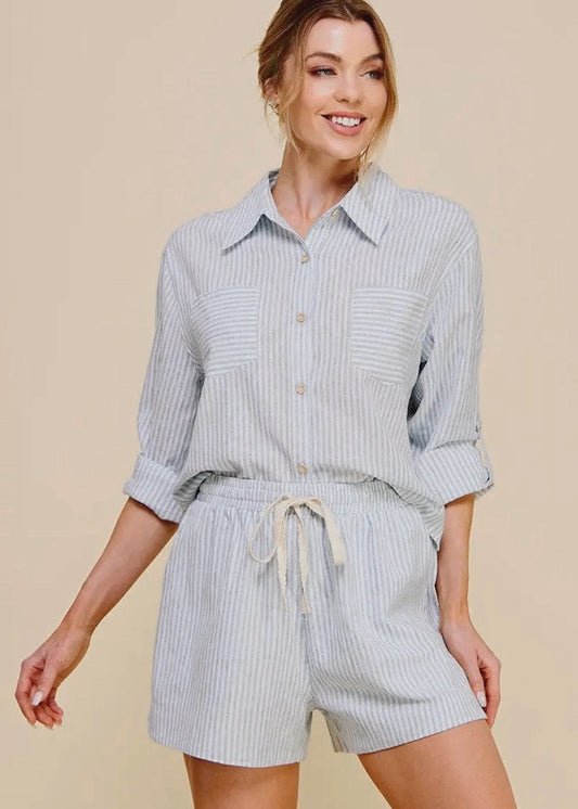 Stylish Cropped Linen Striped Long Sleeve Shirt