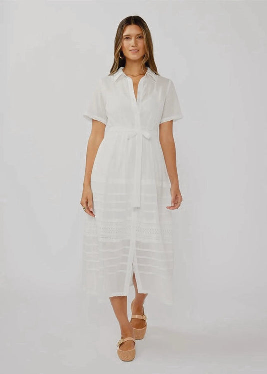 Elegant Lace-Trimmed Button-Down Cotton Midi Shirt Dress