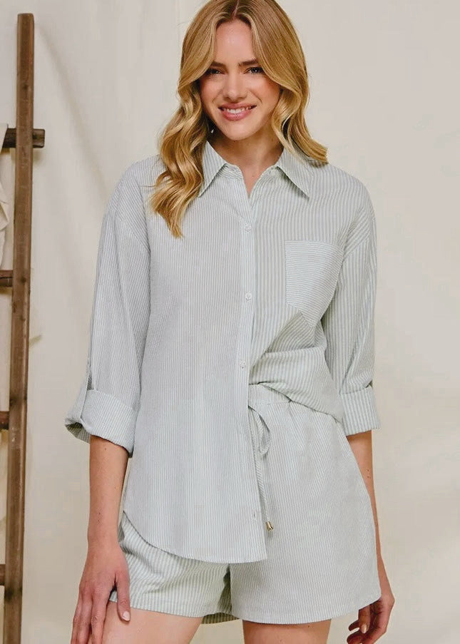 Stylish Twine-Stripe Cotton Blend Button-Up