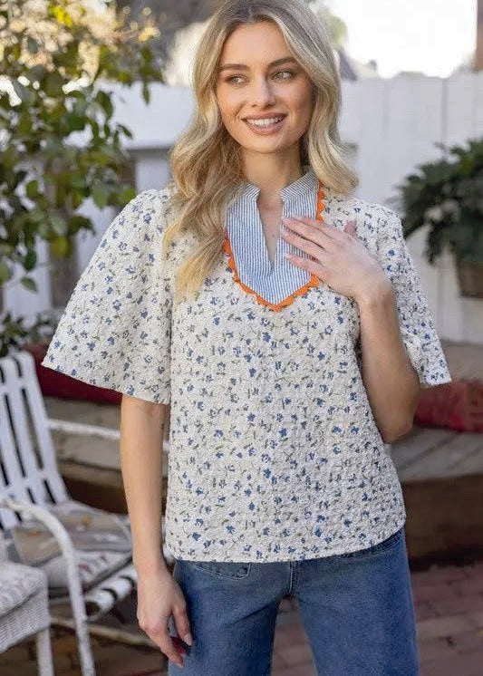 Stylish Floral Embroidered Striped Top