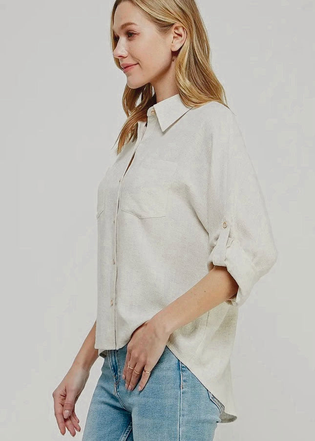 Stylish Natural Linen Blend Dolman Button Top