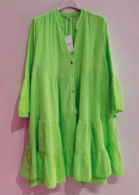 Vibrant Neon Green Cotton Gauze Mini Dress