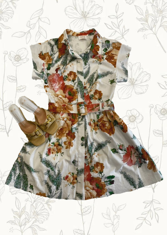 Elegant Floral Print Belted Shirt Dress