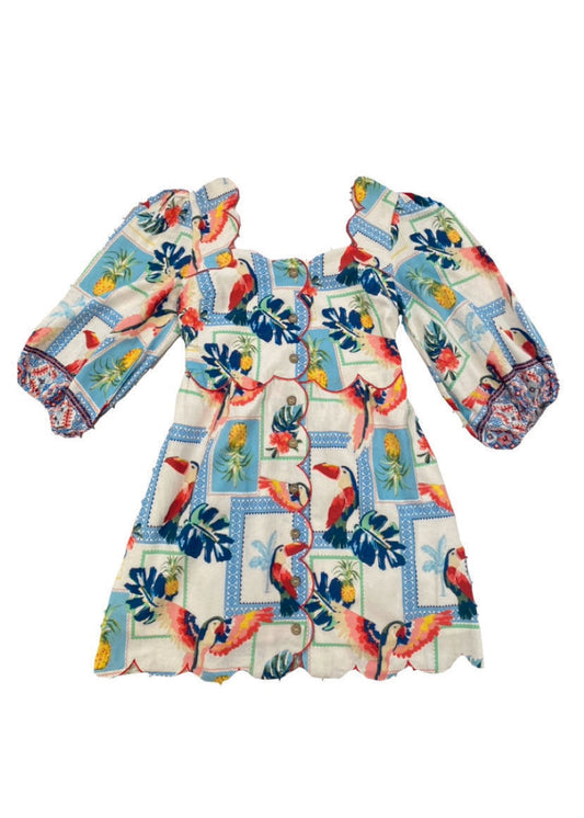 Chic Linen Blend Tropical Print Dress with Scallop Details