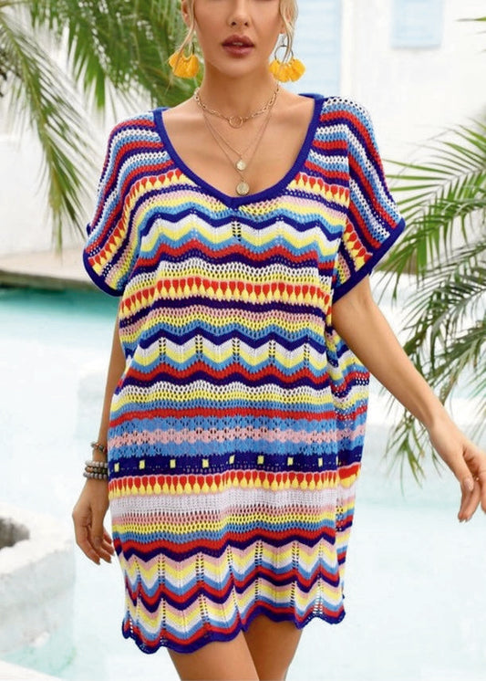 Chic Blue Crochet Color Block Coverup