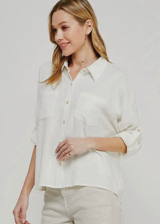 Off-White Linen Blend Button-Front Top
