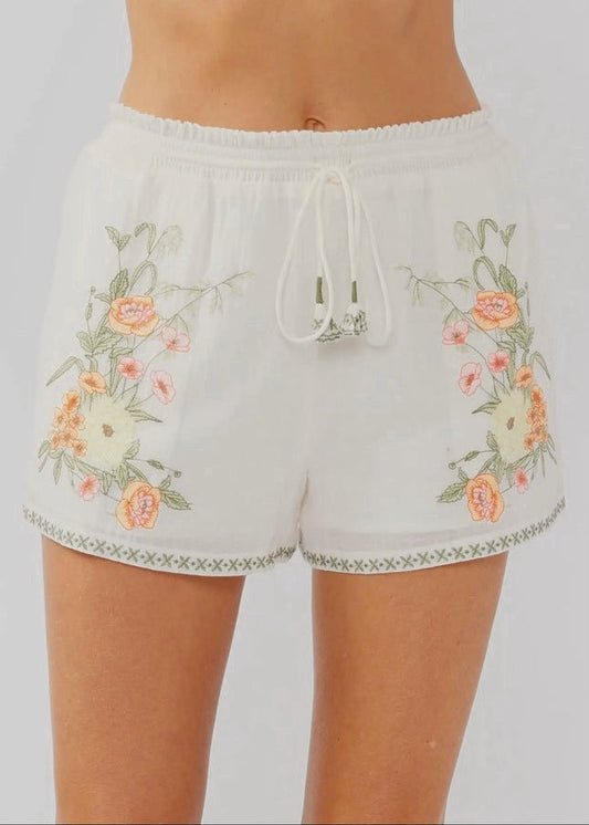 Chic Embroidered Smocked Drawstring Shorts