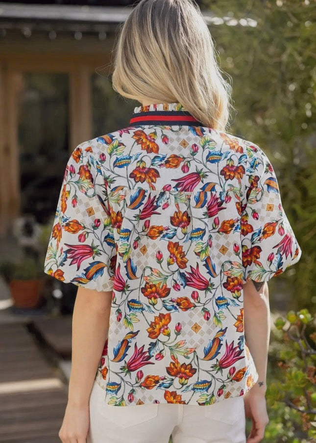 Elegant V-Neck Floral Woven Print Top