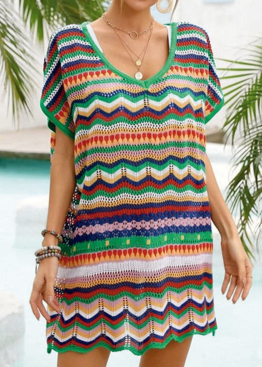 Elegant Green Crochet Color Block Coverup