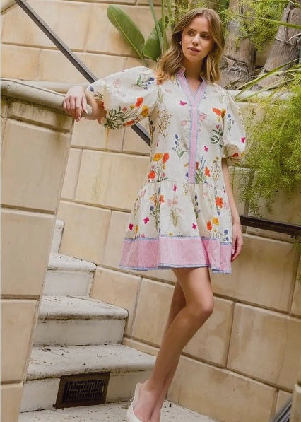 Elegant Puff Sleeve Striped Trim Floral Dress