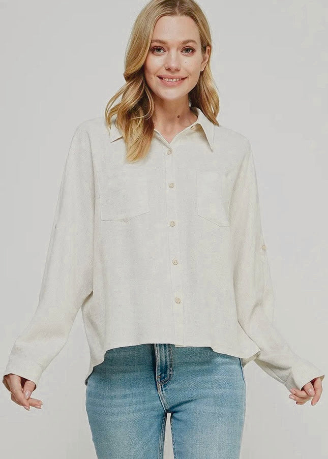 Stylish Natural Linen Blend Dolman Button Top
