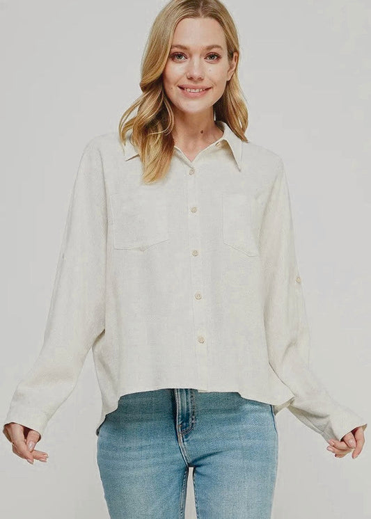 Stylish Natural Linen Blend Dolman Button Top