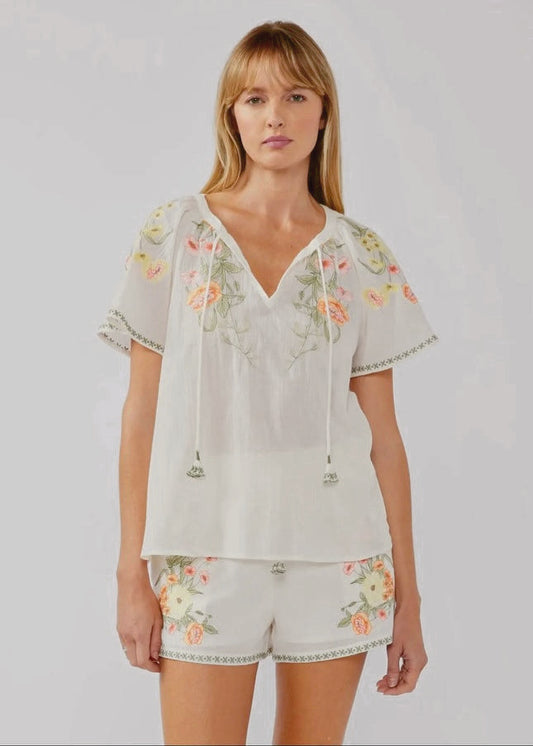 Chic Floral Embroidery Split Neck Top